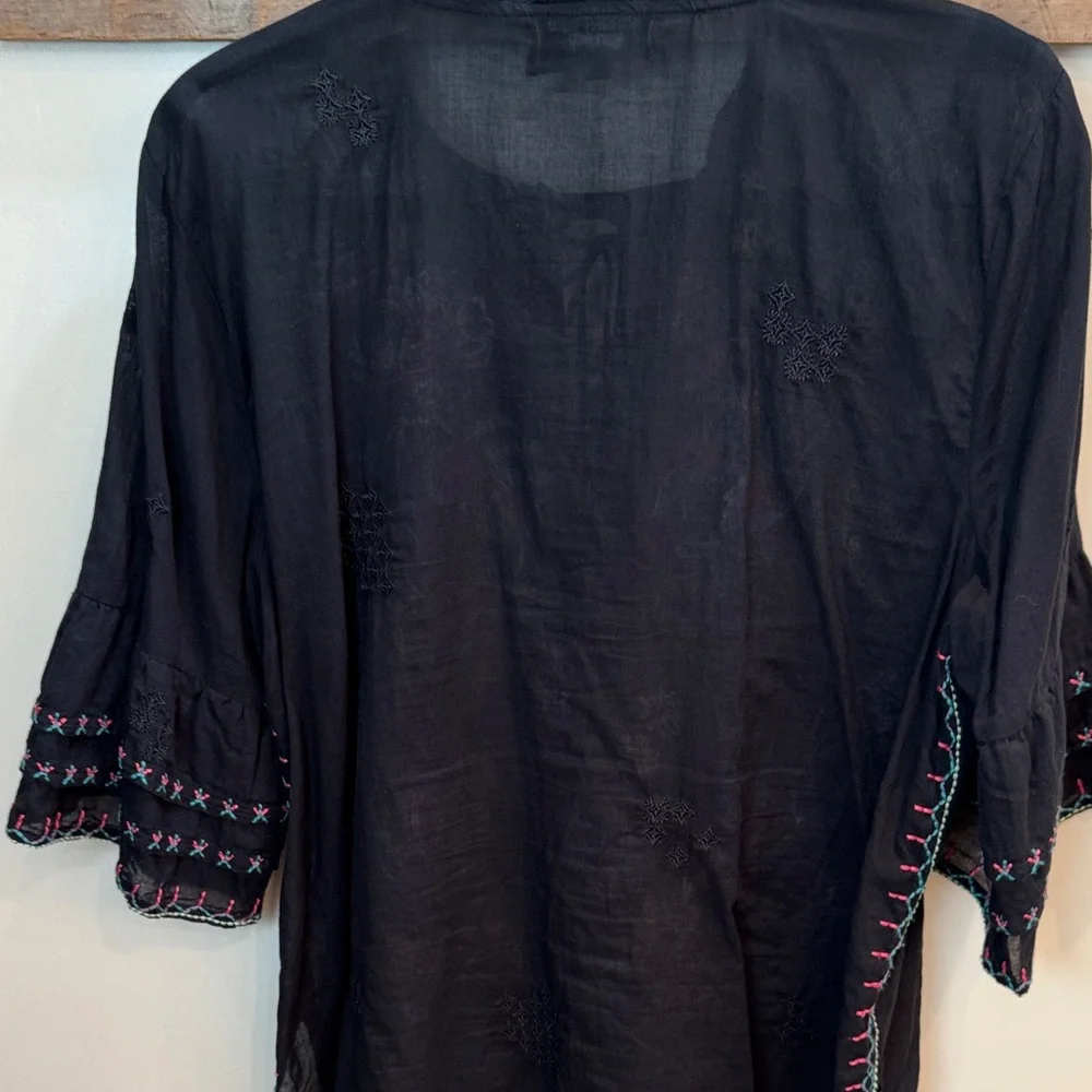Johnny Was Tie Front Black Top with Colorful Embroidery and Beaded Tassles SZ - Picture 8 of 8